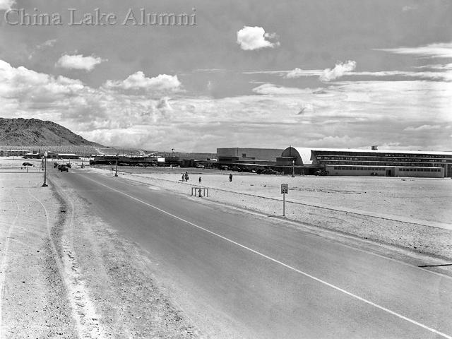 The new O Club is at the end of the street and the Station Theater and Gym are on the right of Blandy Avenue, China Lake, 1945. Maturango Museum collection.